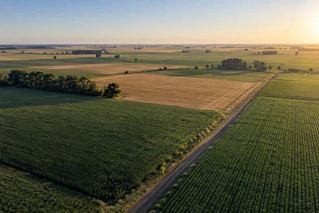 Paisaje agrícola ilustrativo al atardecer